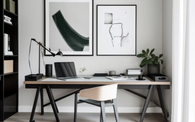 Modern, black and white home office.
