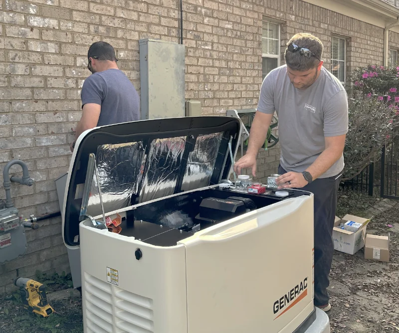 Generator installation preparation on concrete pad.